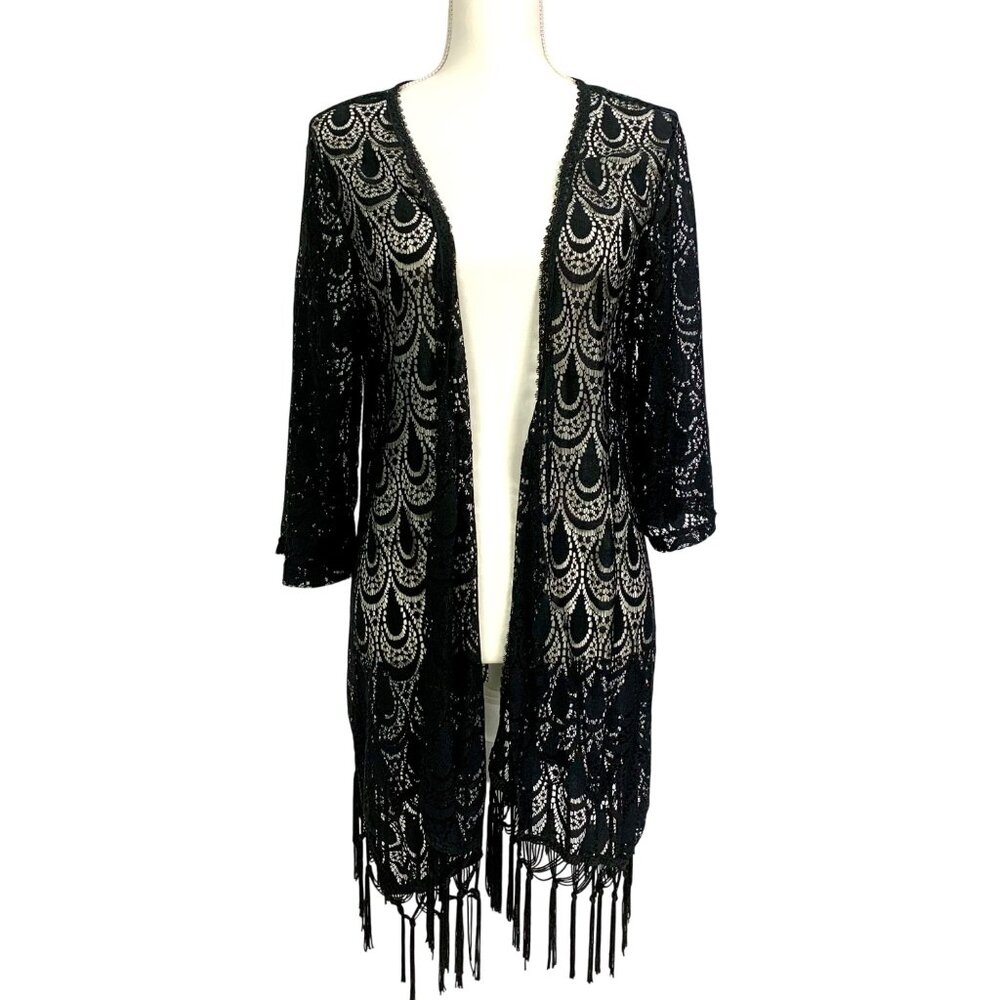 Whimsigoth Crochet Lace Fringe Black Open Front Kimono S Fairy Boho Vampire